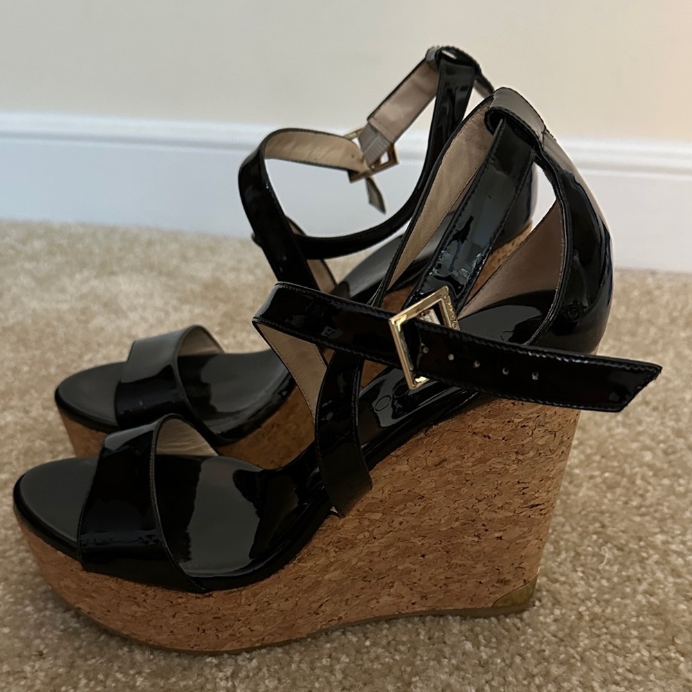Jimmy Choo Black Patent Cork Wedge Sandals - Women - Picture 3 of 4